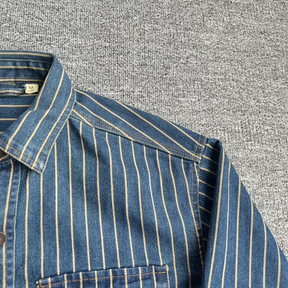 Spring New American Retro Heavyweight Denim Cargo Striped Shirt Men's Simple 100% Cotton Washed Old Casual Blouses Thin Jacket