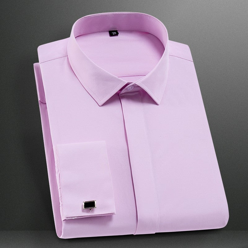 Men's Classic French Cuff Dress Shirt Covered Placket Long Sleeve Tuxedo Male Shirts with Cufflinks No Pocket Office Work White