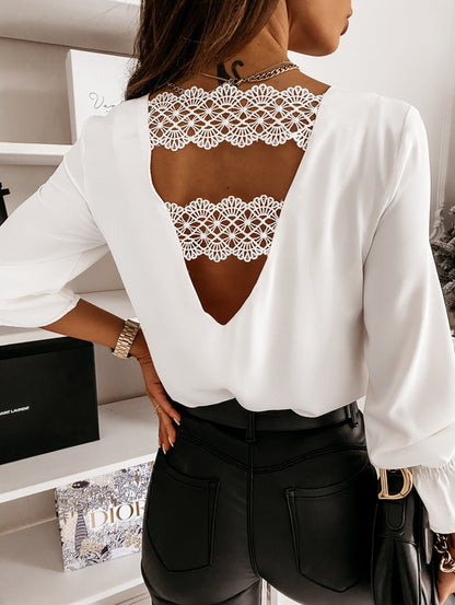 Fashion Hollow Lace Stitching Pullover White Blouse Chic Back V-shaped Stylish Sexy V-neck Long Sleeve Shirt Elegant Tops 12460
