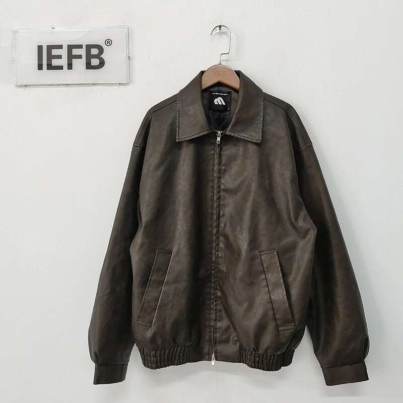 IEFB Short PU Leather Coat Men's Spring Summer Loose Turn-down Collar Coat Korean Style Trend Male Jacket Casual Top 9C5013