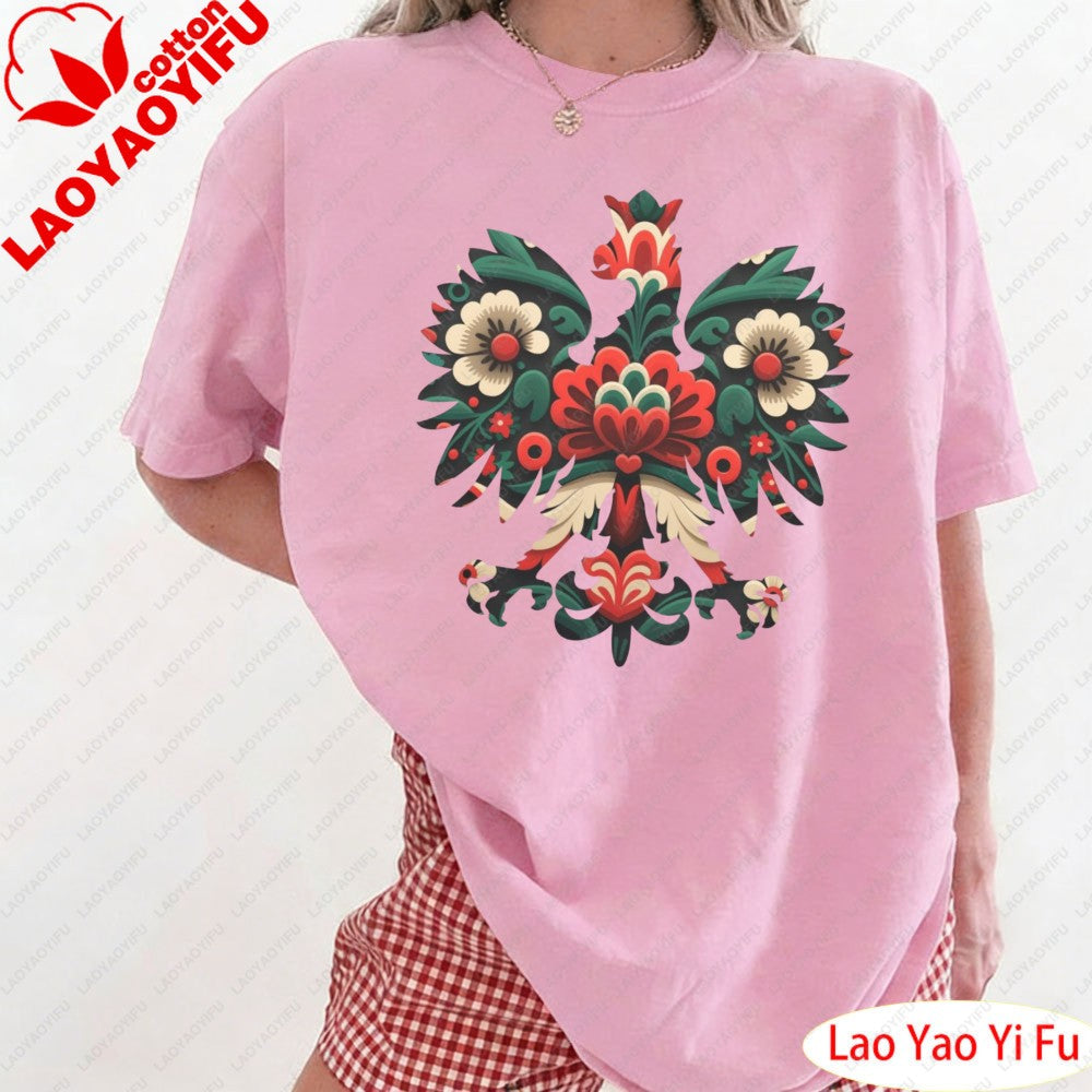 Polish Eagle Shirt Folk Art Christmas Design Clothes Botanical Flowers Tops Summer Women Retro Fashion Graphics Tees