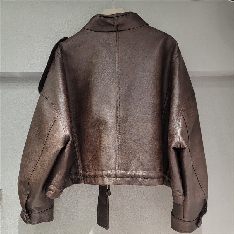 YEAE 2025 spring new vintage motorcycle leather printed high waist lean washed PU leather coat tide