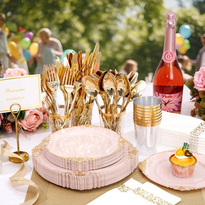 700PCS Pink Plastic Plates Pink and Gold Plates Luxury Pinks Plastic Dinnerware Set Include 200 Pinks Disposable Plates 300 Hea