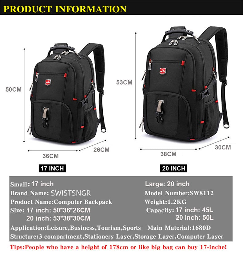 Waterproof Men's Backpack 17/20 Inch Laptop Backpacks School Travel Bag Swiss-style Large Capacity Business bagpack Male Mochila
