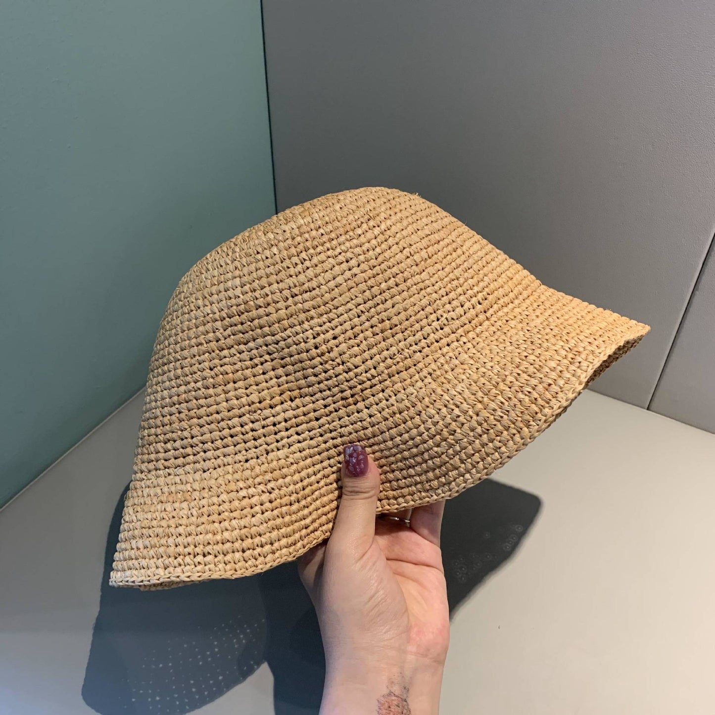 Chapéu de Balde de Crochê Feminino Feito à Mão de Palha de Ráfia Natural para Primavera Verão Praia Aba Larga Pescador