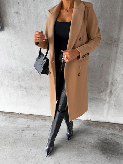 Autumn and Winter Women's Clothing Long-sleeved Lapel Solid Color Double-breasted Slim-fit Coat