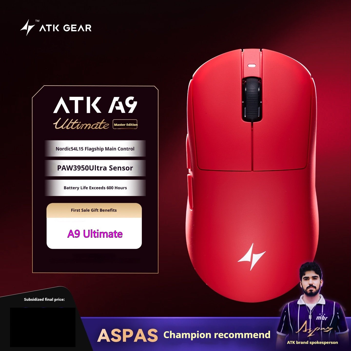 Mouse Gamer Sem Fio ATK A9 Ultra A9/A9 SE/A9 Plus/A9 Pro Tri Mode 8K Mouse Gamer 53g Leve Presente E-sports PC Personalizável
