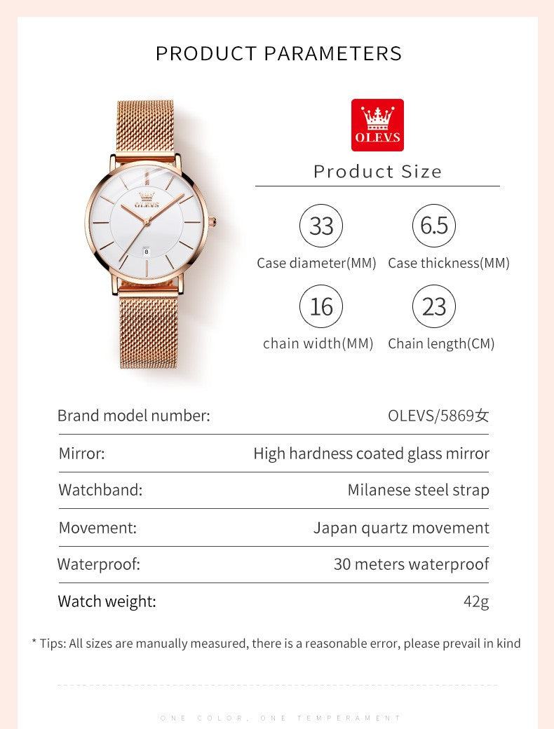 OLEVS 5869 Fashion Women's Watches Milanese Mesh Belt Waterproof Simplicity Versatile Quartz Watch for Lady Original Wristwatch