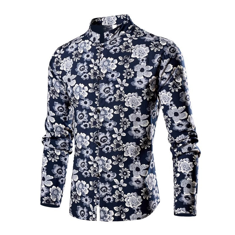 Chinese Style Men's Stand-up Collar Long-sleeved Shirt, Single-breasted Printed Shirts, Fashion Casual Camisas, Red Green Blue