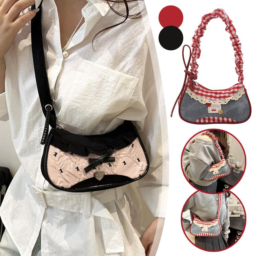 New Cute Checkered Handbags Sweet Lace Underarm Bag Bowknot Armpit Shoulder Crossbody Bag Y2k Fashion Casual Shoulder Bag