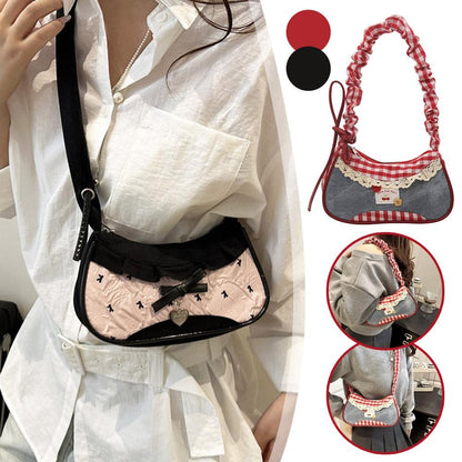 New Cute Checkered Handbags Sweet Lace Underarm Bag Bowknot Armpit Shoulder Crossbody Bag Y2k Fashion Casual Shoulder Bag