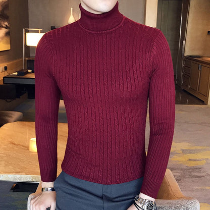 Autumn and Winter Men's Sweater Thin Elastic Fine Knitted Warm Top Versatile High Neck Solid Color Tight Fitting Pullover Top