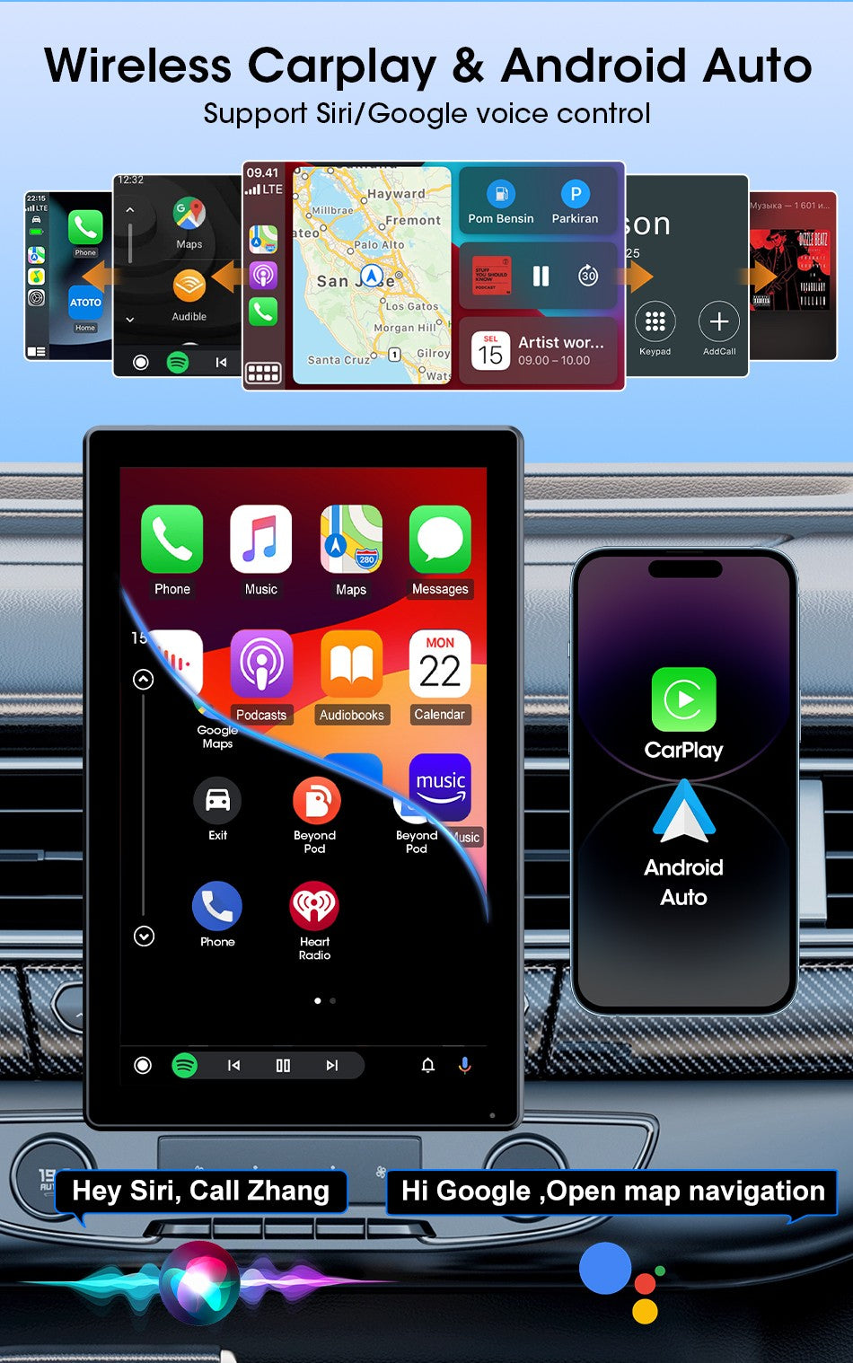 Suporte de 7/8/9'' Orientação e Espelho Retrovisor de Carro com Rádio CarPlay Sem Fio Android Auto Multimídia de Vídeo Tela Universal