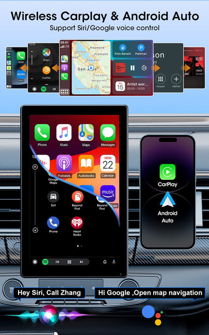Suporte de 7/8/9'' Orientação e Espelho Retrovisor de Carro com Rádio CarPlay Sem Fio Android Auto Multimídia de Vídeo Tela Universal