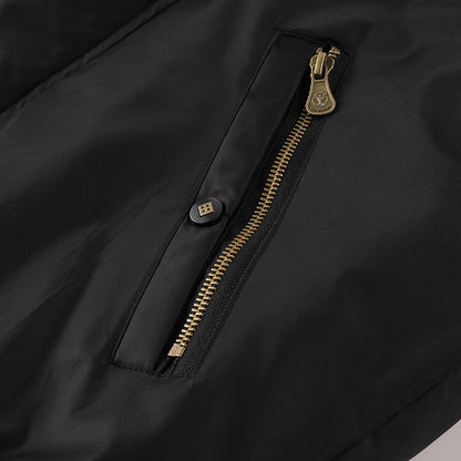 Men's Winter Black Aviator Jacket with Detachable Faux Fur Trimmed Hooded Cold Fashion Embroidered Badge and Zipper Pockets