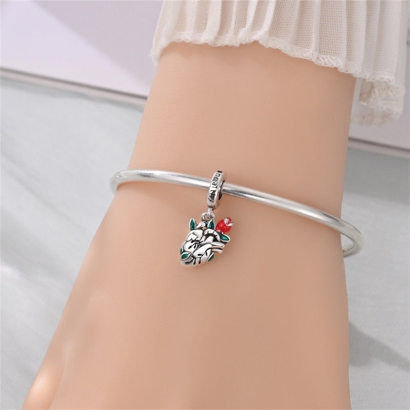 Heart & Organ Charm 925 Sterling Silver Red Rose Skull Dangle Pendant Dark Aesthetic Fit Bangle Bracelet Necklace DIY Jewelry