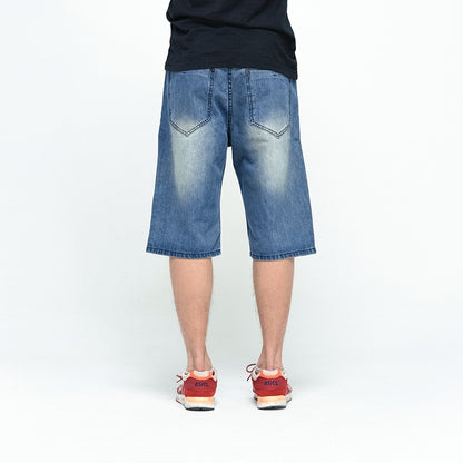ABOORUN Mens Plus Size Loose Baggy Denim Shorts Fashion Streetwear Hip Hop Skateboard Cargo Jeans Short for Male R1402