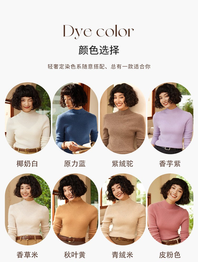 Autumn and winter new women's 100% pure cashmere semi high neck pullover sweater knitted slim fit hot selling women's top