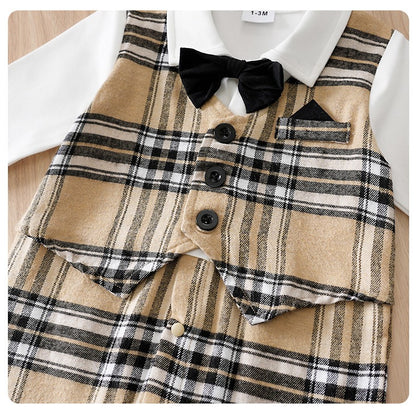 Newborn Baby Boy Clothes white baby onesie with khaki check print One-piece Vest gentleman's spring and autumn pajamas