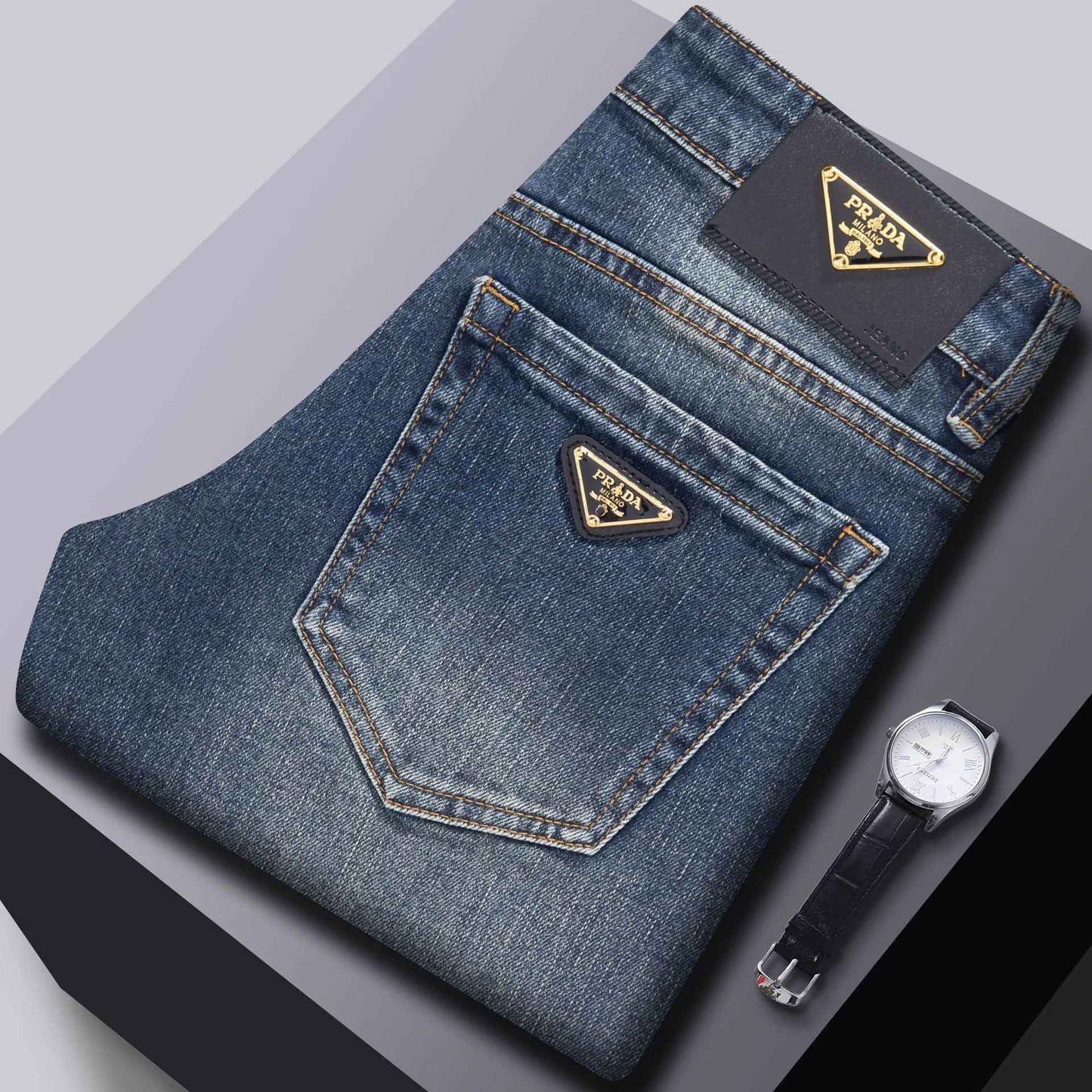 Milão Qualidade Premium Europeia Outono/Inverno Calças Jeans Masculinas Emagrecem Sua Silhueta Solta Reta Elástica Vintage