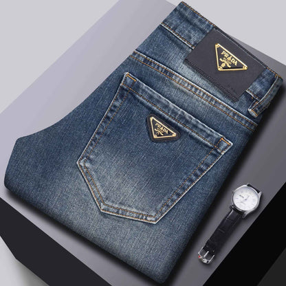 Milão Qualidade Premium Europeia Outono/Inverno Calças Jeans Masculinas Emagrecem Sua Silhueta Solta Reta Elástica Vintage