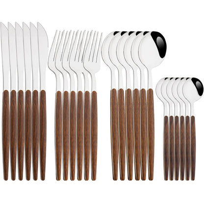 Drmfiy 24 Peças Talheres Marrons Prateados de Aço Inoxidável Imitação Cabo de Madeira Prateado Faca Colher Garfo Conjunto de Talheres Utensílios de Mesa