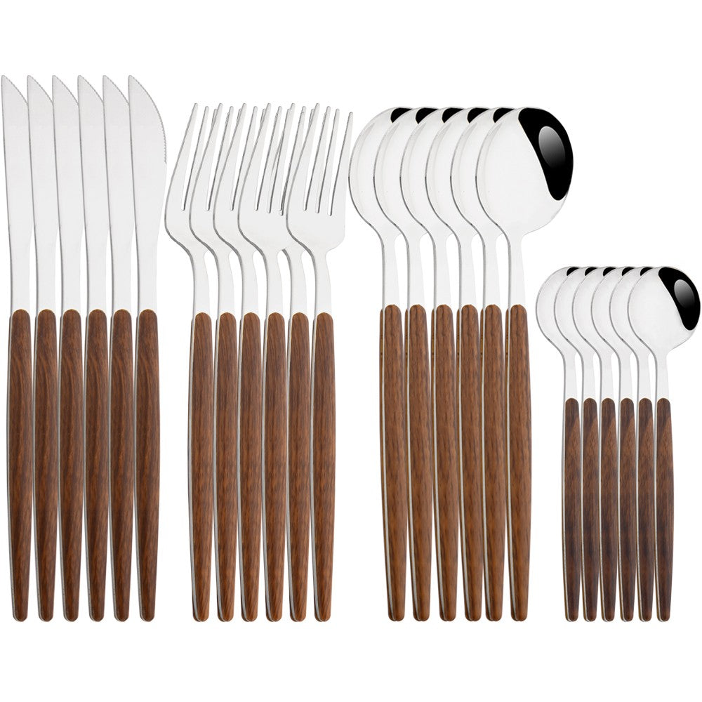 Drmfiy 24 Peças Talheres Marrons Prateados de Aço Inoxidável Imitação Cabo de Madeira Prateado Faca Colher Garfo Conjunto de Talheres Utensílios de Mesa