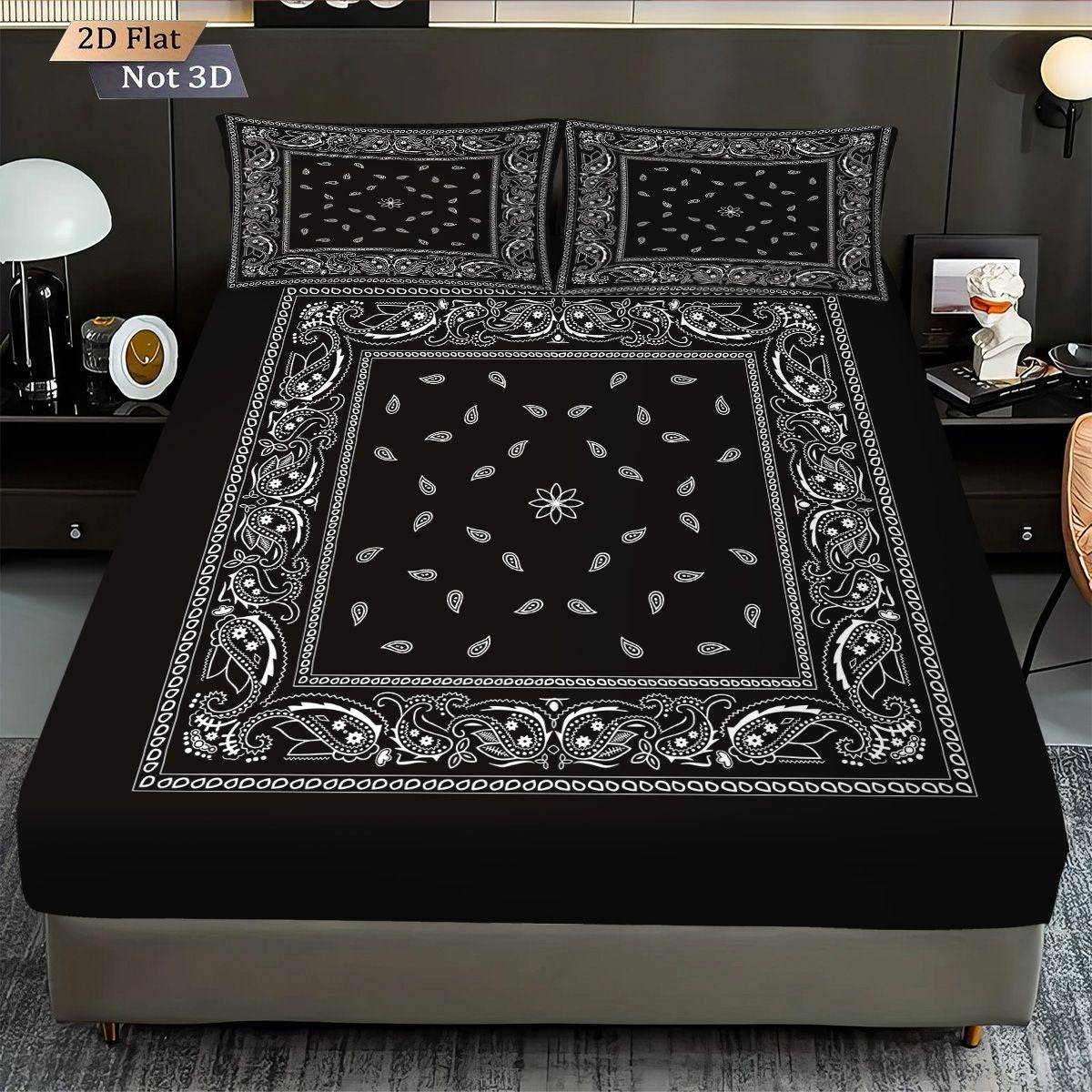 3pcs Retro Black Wave Pattern Print Coreless Bed Sheet Set Multiple Sizes Soft Bedcover Bedroom Bedding Decoration