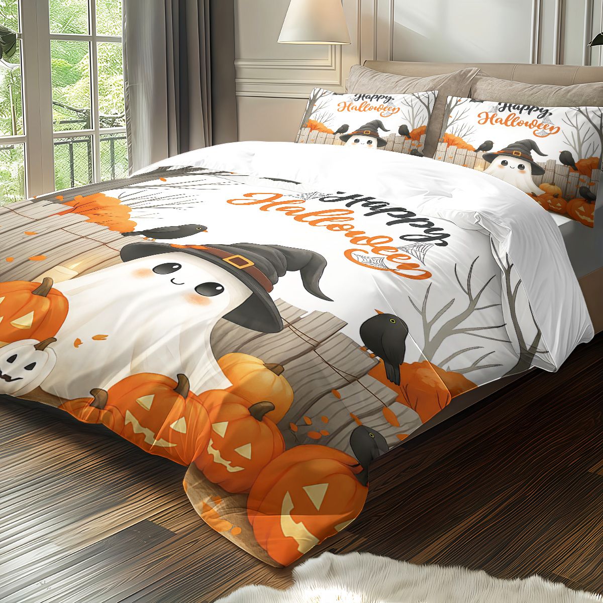 3pcs Halloween Cartoon Ghost Printed Duvet Covers, 1 Down Duvet Cover+2 Pillowcases, Coreless. Soft and Comfortable Bedding Set