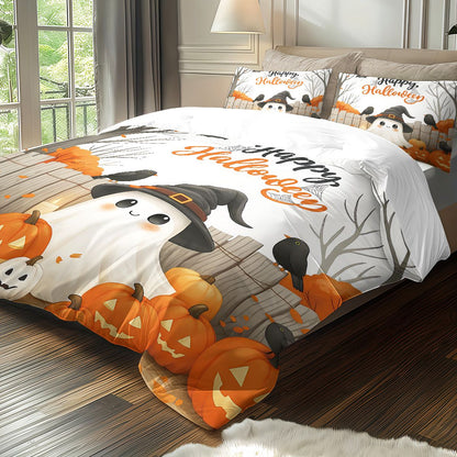 3pcs Halloween Cartoon Ghost Printed Duvet Covers, 1 Down Duvet Cover+2 Pillowcases, Coreless. Soft and Comfortable Bedding Set