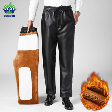 OUSSYU Brand High Quality Winter Outdoors Fleece Warm Pants Men Zippered Pocket Business Straight Flocking PU Trousers Plus Size