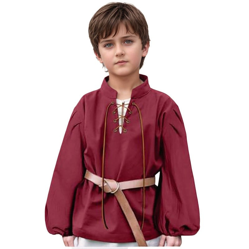 Boys Medieval Pirate Shirt Kids Renaissance Lace up Halloween Scottish Jacobite Ghillie Costume Tops Viking Colonial Costume Top