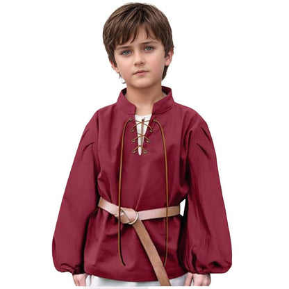 Boys Medieval Pirate Shirt Kids Renaissance Lace up Halloween Scottish Jacobite Ghillie Costume Tops Viking Colonial Costume Top