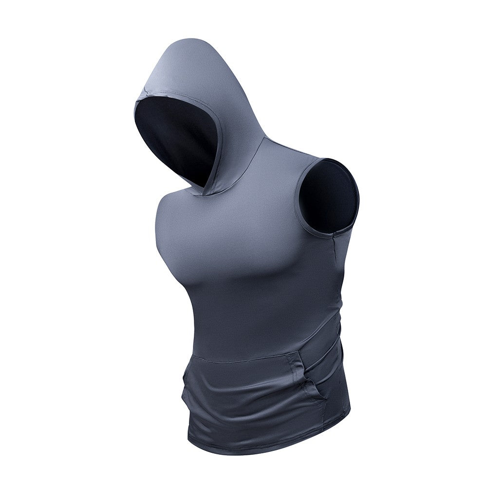 Men's Quick Dry Vest with Hoodies Solid Color GYM Tank Top Tees Summer Men's Sleeveless Pullover Fitness Swimming Running Shirt