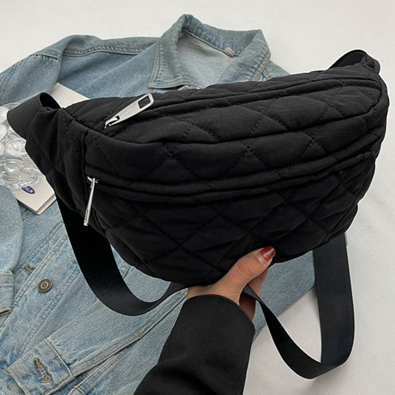 Quilted Patchwork Crossbody Bag - Large Nylon Purse, Multi-Pocket, Adjustable Strap. Grey Gift-Ready!