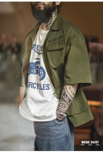 Maden Summer Vintage Four Pockets Short Sleeve Shirts for Men Cotton Green Loose Turn-down Collar Shirt Cargo Tops Male XL XXL