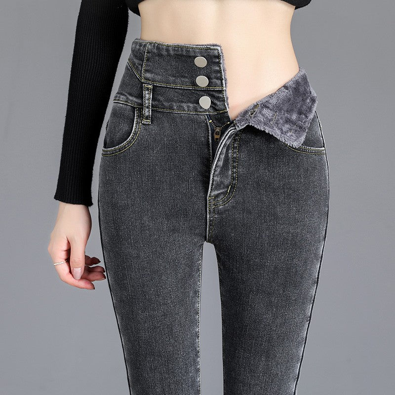 Autumn Winter Skinny Jeans Fashion Women Thermal Fleece High Waist Stretch Warm Pencil Pants Casual Velvet Button Denim Pant