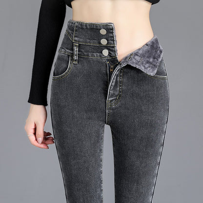 Autumn Winter Skinny Jeans Fashion Women Thermal Fleece High Waist Stretch Warm Pencil Pants Casual Velvet Button Denim Pant