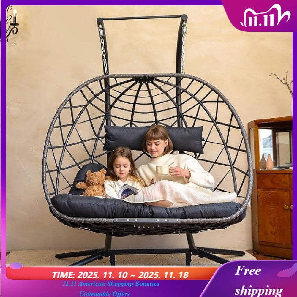 Double Egg Swing Chair with Stand, 2 Person Outdoor Indoor Hammock Hanging Chair with Cushion for Patio Living Room 550 LBS