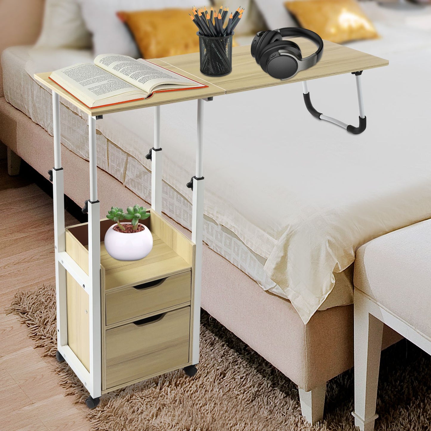 Foldable Laptop Desk with Wheels Height Adjustable Bedside Computer Table Portable Bedroom Office Table
