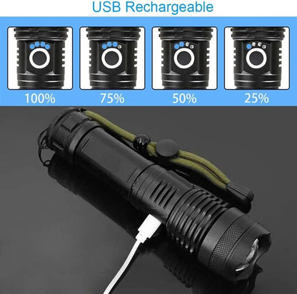 High Power Rechargeable LED Tactical Flashlight Aluminum Alloy Super Bright Telescopic Zoom Torch Lamp Outdoor Camping Fishing