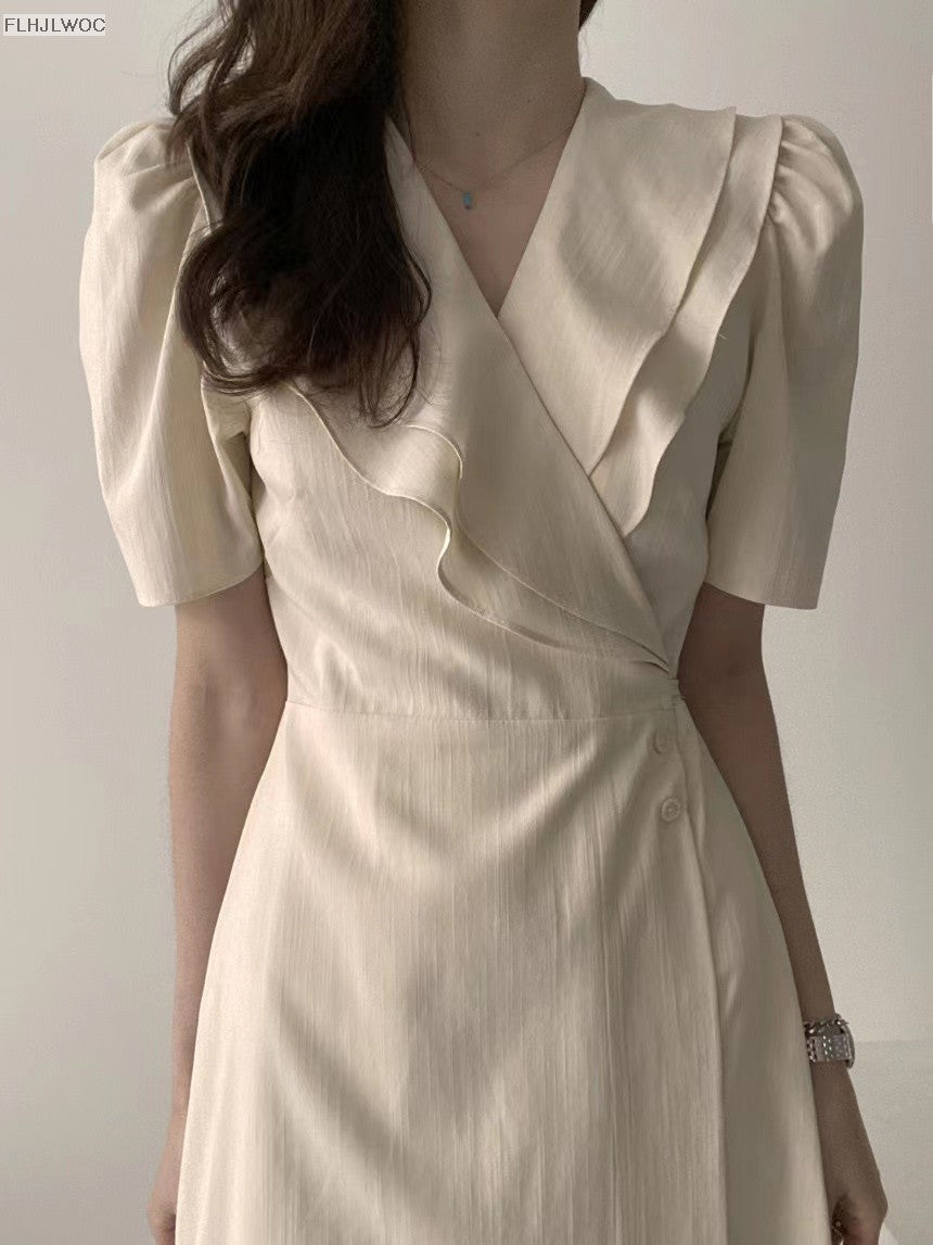 South Korea Chic Midi Dress Women Summer Japan Style Retro Vintage Design Ruffle