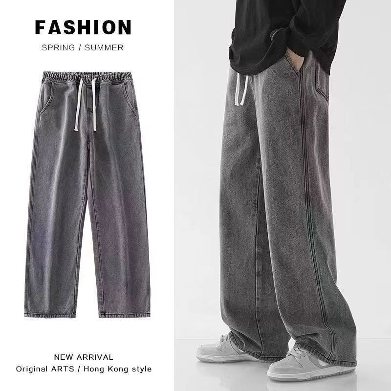 Spring Autumn New Men's Jeans Japanese Vintage Elastic Waist Casual Straight-leg Pants Trendy Wide-leg Trousers Loose Fit