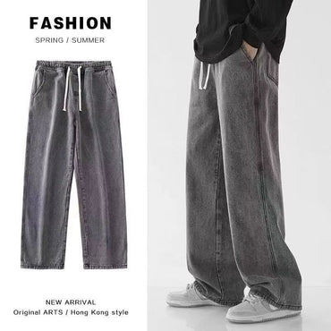 Spring Autumn New Men's Jeans Japanese Vintage Elastic Waist Casual Straight-leg Pants Trendy Wide-leg Trousers Loose Fit