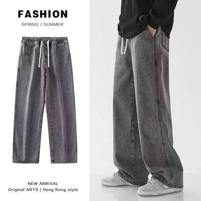 Spring Autumn New Men's Jeans Japanese Vintage Elastic Waist Casual Straight-leg Pants Trendy Wide-leg Trousers Loose Fit