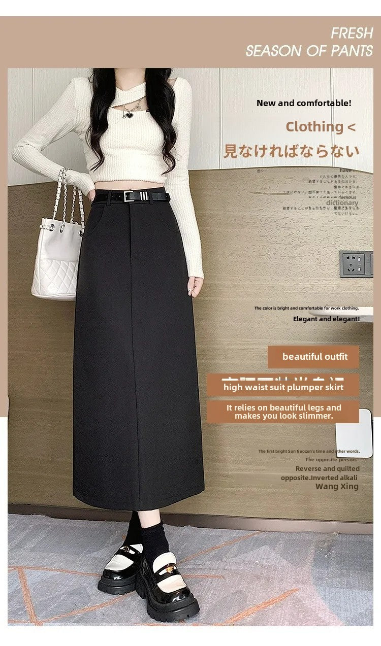 Grey High-waisted A- line Skirt Half Dress Petite Long Dress Autumn/winter For Women Side Slit Workwear