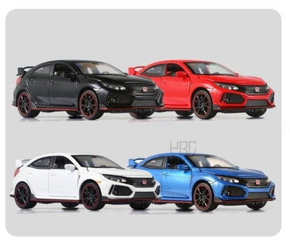 Carrinhos de brinquedo Honda Civic Type-R em liga metálica, escala 1:32, modelos fundidos com som e luz, veículos em miniatura, presentes de aniversário para crianças e adultos