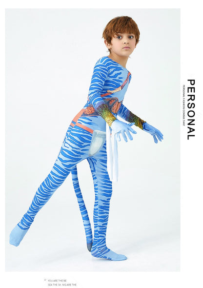 Girls Avatar 2 Neytiri Costume Tail Suit Boys Jake Sully Cosplay Zentai Bodysuit Jumpsuit Kids Halloween Birthday Party Costume