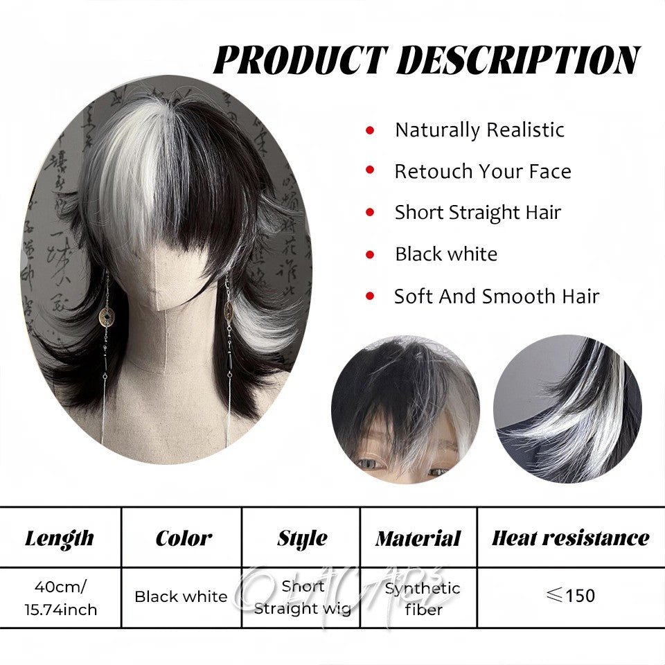OLACARE Perucas Curta Mullet com Franja Sintética Reta Anime Masculina Preto Branco Cinza Verde Peruca de Cabelo para Festa Diária Cosplay