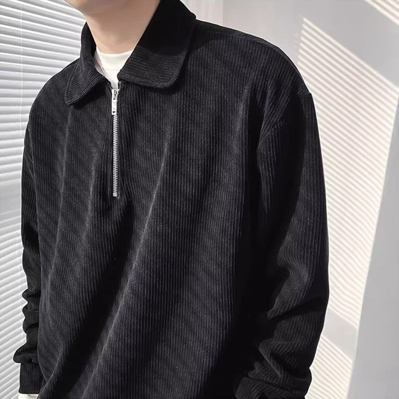 Autumn Vintage Polo Collar Sweater Men's Thickened Loose-Fit Half Zipper Knitwear New Anti-Pilling Flip Pullover Knit Sweaters